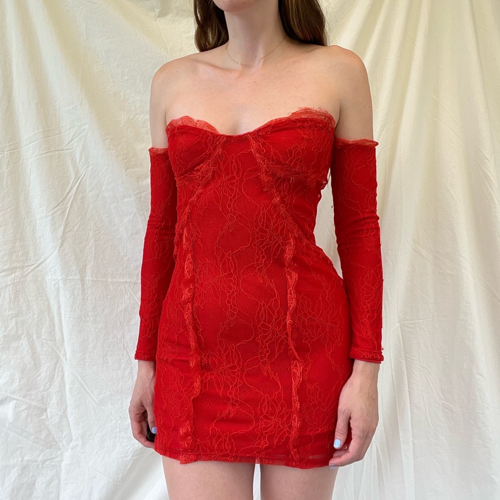 Revolve red lace mini dress